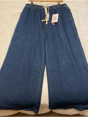 Cider Wide-Leg Flare Jeans in Denim Blue Drawstring